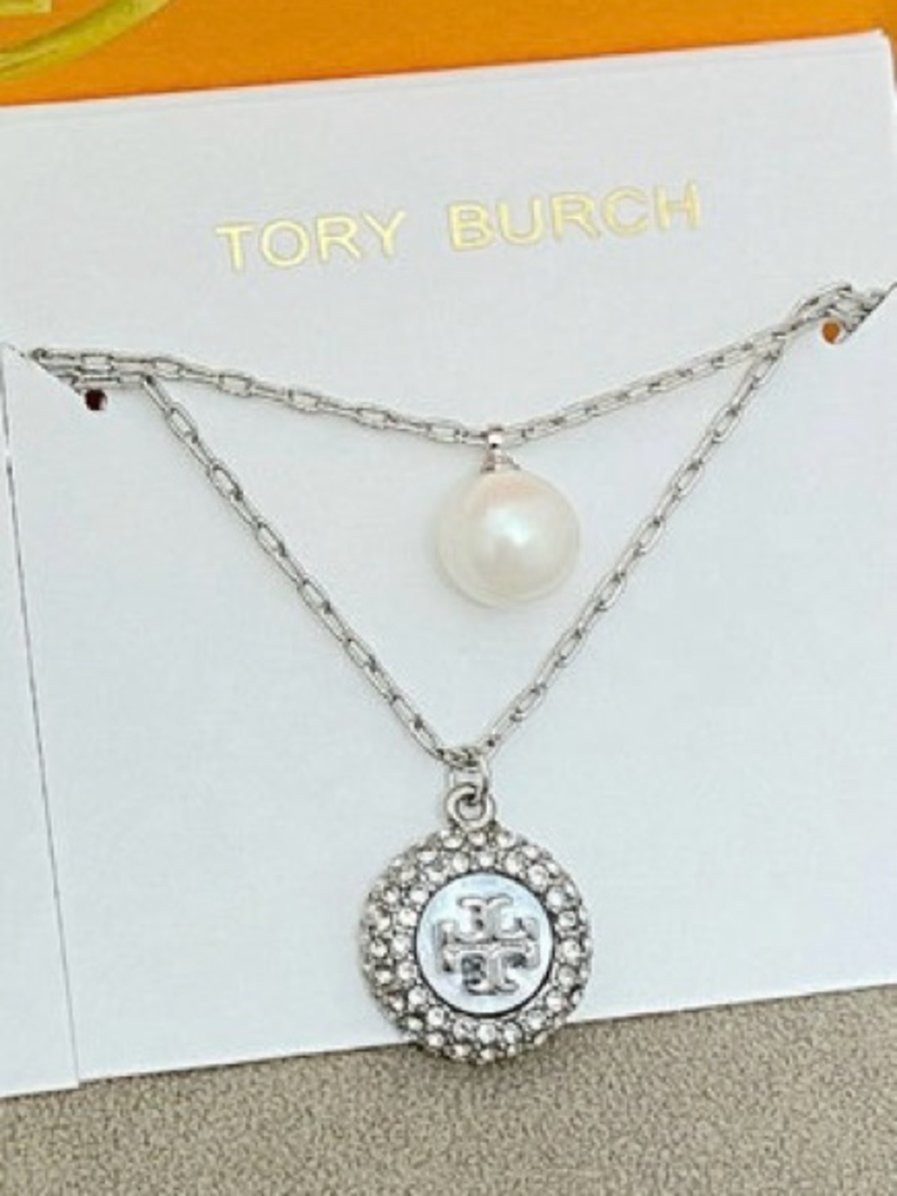 Tory Burch Silver Double-Layer Pearl & Crystal Logo Necklace